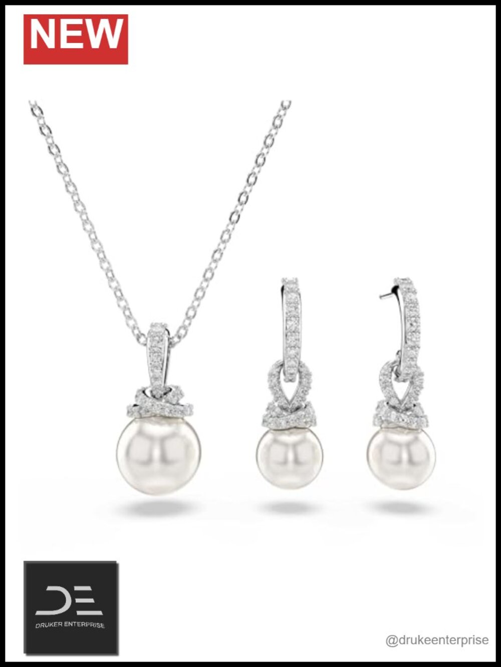 Crystal Pearl Hoop Earrings Pendant Necklace Set Rhodium Plated